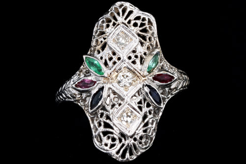 Art Deco 18K White Gold Diamond & Gemstone Filigree Shield Ring - Queen May