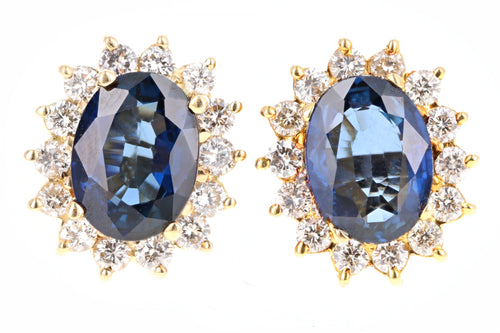Modern 18K Yellow Gold Oval Sapphire & Diamond Halo Stud Earrings - Queen May