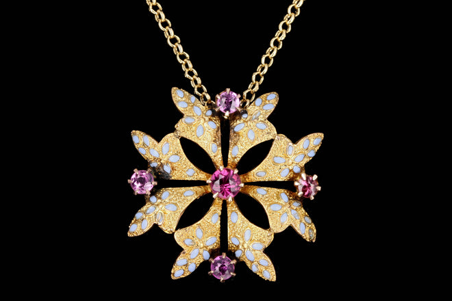 Victorian 10K Yellow Gold Blue Enamel & Rhodolite Garnet Flower Pendant Necklace - Queen May