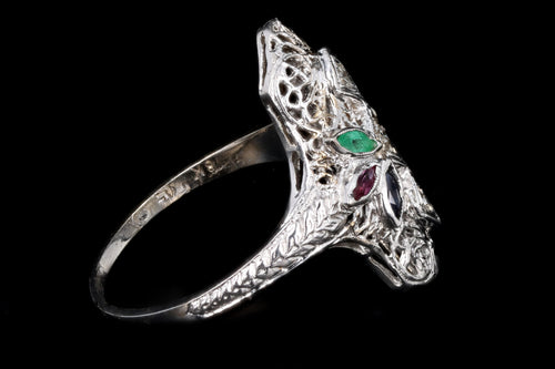 Art Deco 18K White Gold Diamond & Gemstone Filigree Shield Ring - Queen May