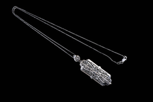 Art Deco 14K White Gold Diamond Bar Pin Conversion Pendant Necklace - Queen May