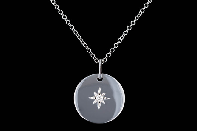 New 14K White Gold Diamond Star Disc Pendant Necklace - Queen May