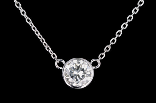 New 14K White Gold .71 Carat Round Brilliant Diamond Bezel Pendant Necklace - Queen May