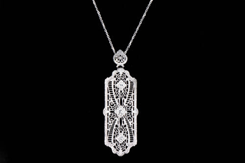 Art Deco 14K White Gold Diamond Bar Pin Conversion Pendant Necklace - Queen May