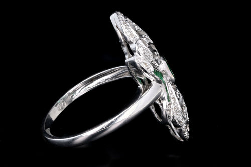 Art Deco Inspired 14K White Gold Natural Emerald & Diamond Shield Ring - Queen May