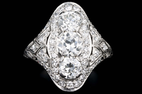Art Deco Platinum 3.16 Carat Total Weight Old European Diamond Shield Ring - Queen May