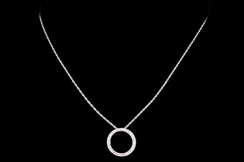 Modern 14K White Gold .20 Carat Total Weight Diamond Circle Pendant Necklace - Queen May