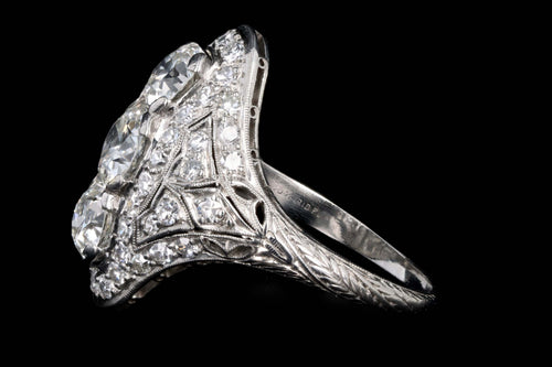 Art Deco Platinum 3.16 Carat Total Weight Old European Diamond Shield Ring - Queen May