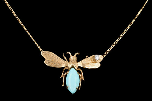Vintage 14K Yellow Gold Turquoise & Diamond Bumble Bee Pendant Necklace - Queen May