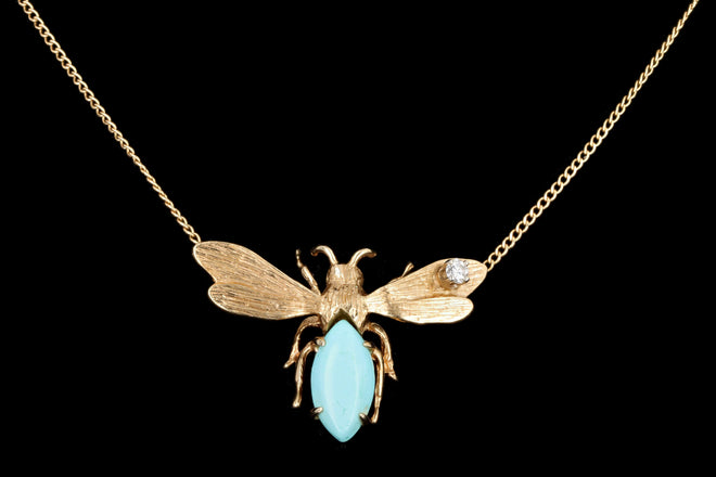 Vintage 14K Yellow Gold Turquoise & Diamond Bumble Bee Pendant Necklace - Queen May