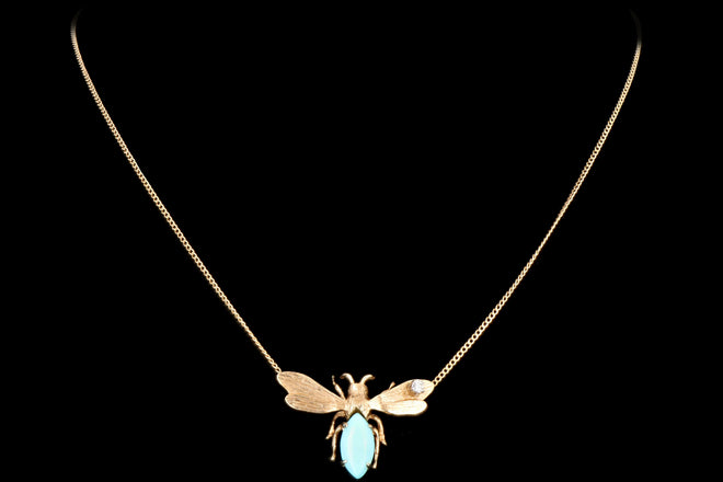 Vintage 14K Yellow Gold Turquoise & Diamond Bumble Bee Pendant Necklace - Queen May