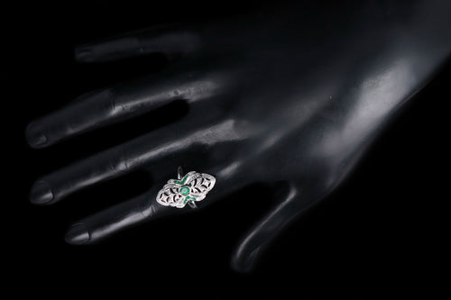 Art Deco Inspired 14K White Gold Natural Emerald & Diamond Shield Ring - Queen May