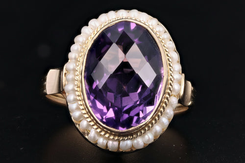 Vintage 14K Yellow Gold 4.15 Carat Amethyst & Pearl Ring - Queen May