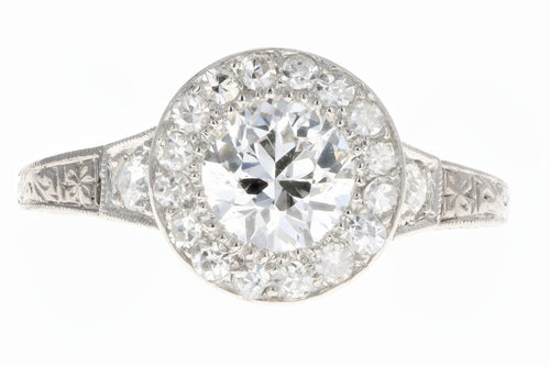Art Deco Platinum & 18K White Gold .90 Carat Old European Diamond Halo Engagement Ring - Queen May