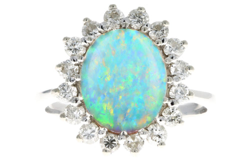 14K White Gold 2 Carat Opal & Diamond Halo Ring - Queen May