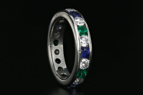 Modern Platinum 1 Carat Diamond Weight Total, Emerald, and Sapphire Band - Queen May