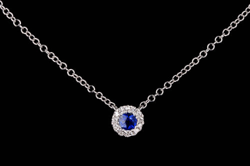 14K White Gold Sapphire & Diamond Halo Pendant Necklace - Queen May