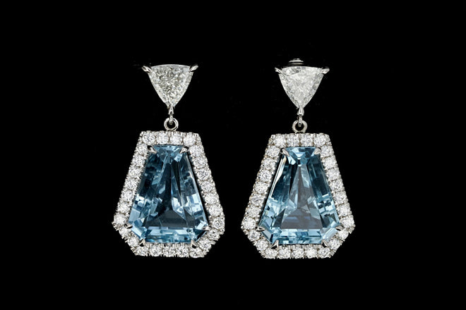 18K White Gold Aquamarine & Diamond Dangle Earrings - Queen May