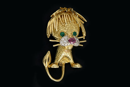 Vintage 18K Gold Lion Brooch With Rubies, Emeralds and Diamonds - Queen May