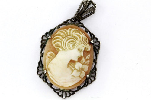 Antique Art Deco Sterling Silver Carved Shell Cameo Pendant - Queen May