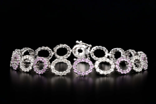 14K White Gold Natural Pink Sapphire & Diamond Oval Link Bracelet - Queen May