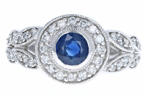 14K White Gold .50 Carat Round Natural Sapphire & Diamond Halo Ring - Queen May
