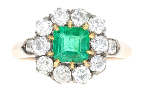 Victorian Inspired 18K Yellow Gold & Platinum 0.77 Carat Natural Emerald & Old European Cut Diamond Halo Cluster Ring - Queen May