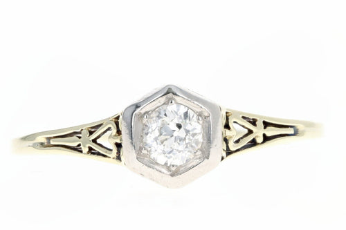 Art Deco 14K Yellow and White Gold .20 Carat Old European Cut Diamond Engagement Ring - Queen May
