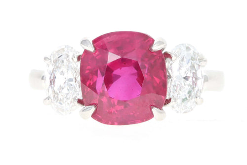 Platinum 5.10 Carat Cushion Cut Natural Madagascar Ruby & Oval Diamond Three Stone Ring Lotus/GIA Certified - Queen May