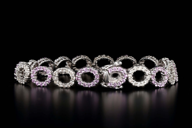 14K White Gold Natural Pink Sapphire & Diamond Oval Link Bracelet - Queen May