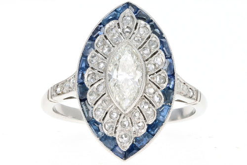 Art Deco Inspired Platinum .60 Carat Marquise Cut Diamond & Sapphire Ring - Queen May