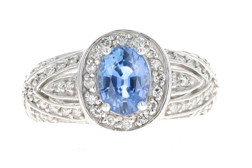 14K White Gold 1.71 Carat Natural Sapphire & Diamond Halo Ring - Queen May