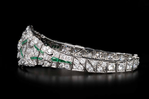 Art Deco Platinum 7.55 Carat Total Weight Old European Cut Diamond & Natural Emerald Bracelet - Queen May
