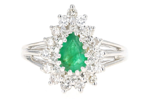 Vintage 14K White Gold .50 Carat Pear Cut Emerald & Diamond Halo Ring - Queen May
