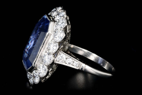 Art Deco Inspired Platinum 13.95 Carat No Heat Ceylon Sapphire & Diamond Halo Cluster Ring AGL Certified - Queen May
