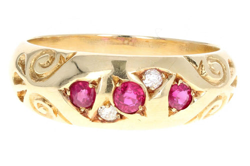 Victorian 18K Yellow Gold Natural Ruby & Old European Cut Diamond Gypsy Ring - Queen May