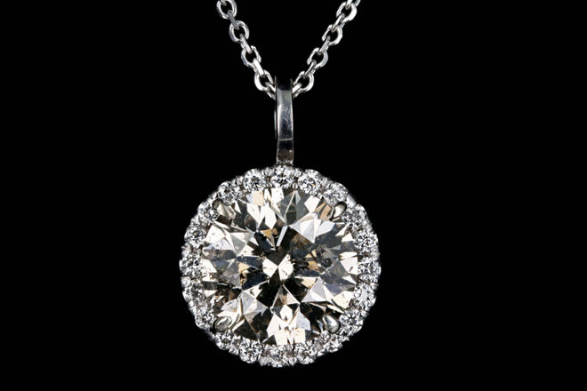 18K White Gold 2.75 Carat Round Brilliant Champagne Diamond Halo Pendant Necklace - Queen May