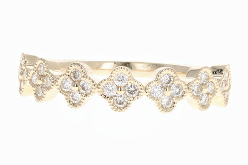 14K White, Yellow, or Rose Gold .33 Carat Total Weight Round Diamond Floral Clover Wedding Band - Queen May