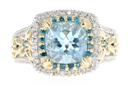 14K Two Tone Gold 2.0 Carat Aquamarine & Blue Diamond Ring - Queen May