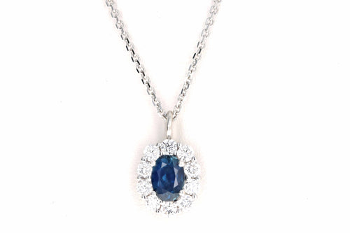 14K White Gold .50 Carat Oval Natural Sapphire & Diamond Halo Pendant Necklace - Queen May