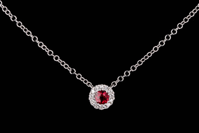 14K White Gold Ruby & Diamond Halo Pendant Necklace - Queen May
