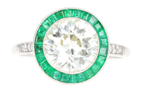 Art Deco Inspired Platinum 2.10 Carat Old European Cut Diamond & Natural Emerald Halo Engagement Ring - Queen May