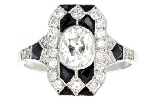 Art Deco Inspired Platinum 0.80 Carat Old European Oval Cut Diamond & Onyx Ring - Queen May