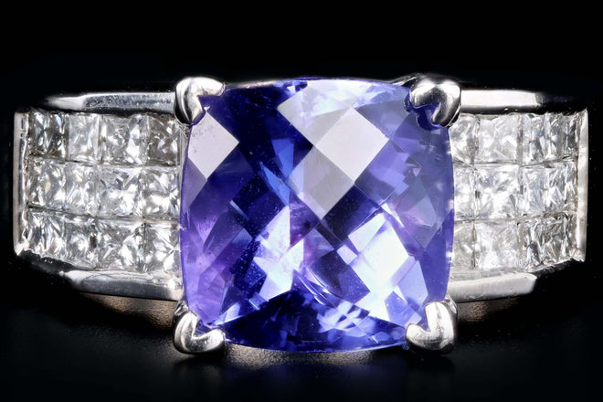 18K White Gold 3.50 Carat Tanzanite & Princess Cut Diamond Ring - Queen May