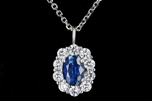 14K White Gold .50 Carat Oval Natural Sapphire & Diamond Halo Pendant Necklace - Queen May