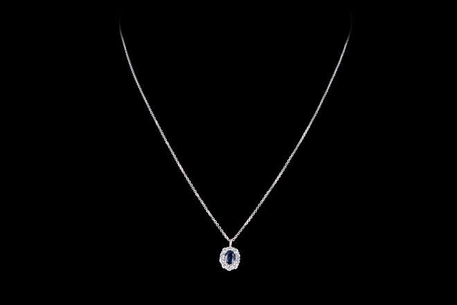 14K White Gold .50 Carat Oval Natural Sapphire & Diamond Halo Pendant Necklace - Queen May