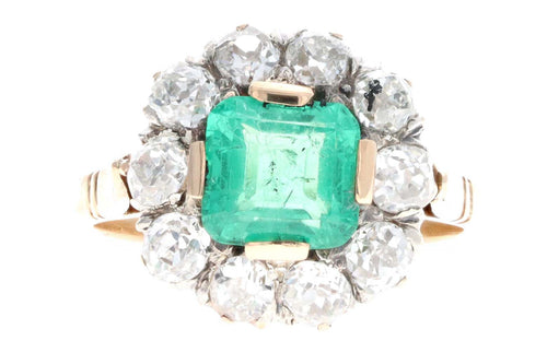 18K Yellow Gold 1.0 Carat Natural Emerald & Diamond Halo Cluster Ring - Queen May