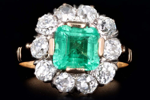18K Yellow Gold 1.0 Carat Natural Emerald & Diamond Halo Cluster Ring - Queen May