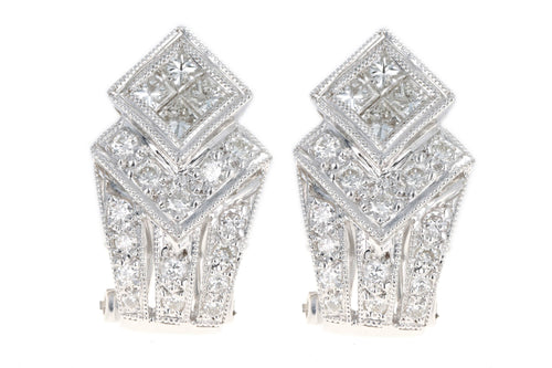 18K White Gold 1.0 Carat Total Weight Invisible Set Princess Cut Diamond Cluster Earrings - Queen May