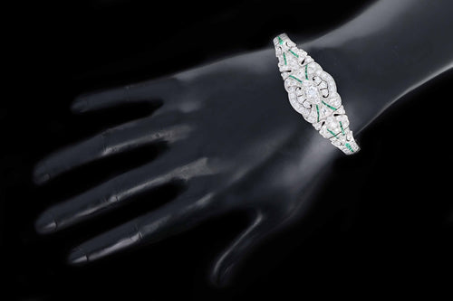 Art Deco Platinum 7.55 Carat Total Weight Old European Cut Diamond & Natural Emerald Bracelet - Queen May